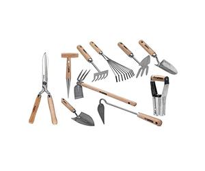 VITO - Kit 10 Outils de Jardinage en Acier Inoxydable et Fer Forgé Manche en Bois Ergonomique Set Complet pour Entretien Potager Massifs et Plantation Fabriqué au Portugal
