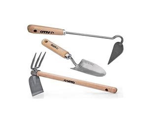 VITO - Kit 3 Outils de Jardin Manche Bois INOX et Fer forgés à la Main Haute qualité Outils de Jardin