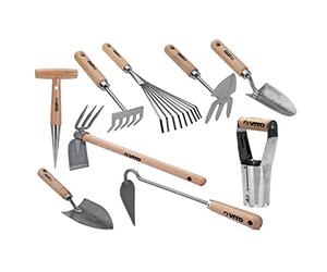 VITO - Kit 9 Outils de Jardin Manche Bois INOX et Fer forgés à la Main Outils de Jardin