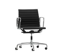 Vitra Chaise en Aluminium EA 117, structure polie, roulettes souples pour sols durs - chrome brillant - Cuir/Plano - nero/nero - roulettes pour sols durs