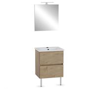 VitrA Meuble Mia Plus 60 cm, 2 tiroirs avec plan céramique et miroir avec éclairage LED, fermeture douce, Blanc brillant - Bois Chêne