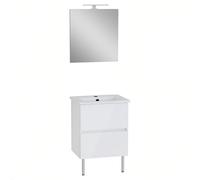 VitrA Meuble Mia Plus 60 cm, 2 tiroirs avec plan céramique et miroir avec éclairage LED, fermeture douce, Blanc brillant - Blanc brillant
