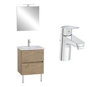VitrA Meuble Mia Plus 60 cm, 2 tiroirs, plan céramique et miroir éclairage LED, fermeture douce, Chêne doré + mitigeur Flow Round - Bois Chêne
