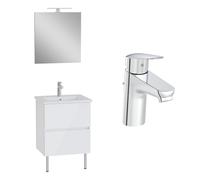VitrA Meuble Mia Plus 60 cm, 2 tiroirs, plan céramique et miroir éclairage LED, fermeture douce, Chêne doré + mitigeur Flow Round - Blanc brillant