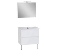 VitrA Meuble Mia Plus 80 cm, 2 tiroirs avec plan céramique et miroir avec éclairage LED, fermeture douce, Chêne doré - Blanc brillant
