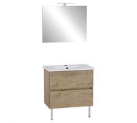 VitrA Meuble Mia Plus 80 cm, 2 tiroirs avec plan céramique et miroir avec éclairage LED, fermeture douce, Chêne doré - Bois Chêne
