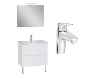 VitrA Meuble Mia Plus 80 cm, 2 tiroirs, plan céramique et miroir éclairage LED, fermeture douce, Blanc brillant + mitigeur Flow Round - Blanc brillant