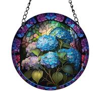 Vitrail à Suspendre 5,9 Pouces Rond vitrail Attrape-Soleil Fleurs d'hortensia Panneau de vitrail avec chaîne pour décoration intérieure Cadeaux d'anniversaire Panneau de vitrail Attrape-Soleil pour W