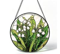 Vitrail attrape-soleil, muguet, fait à la main, décoration de fenêtre, à suspendre, diamètre : 15 cm, translucide des deux côtés, pour la maison, le jardin, le balcon, l'intérieur et l'extérieur