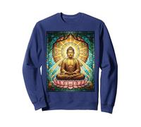 Vitrail Bouddha Zen Bouddhisme Méditation Spirituelle Sweatshirt, Unisexe pour Adultes, Bleu Marine, XL