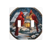 Vitrail d'une paire d'oiseaux rouges, double interrupteur à bascule, plaque murale, décoration d'interrupteur, taille standard - 11,4 x 11,4 cm