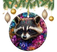 Vitrail mignon raton laveur avec fleurs décoratives à suspendre pour sapin de Noël, 2 pièces, 7,2 cm rond double face