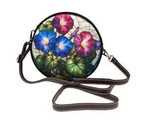 Vitrail Morning Glory Flowers Sac à bandoulière rond en cuir pour femme