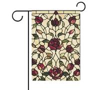 Vitrail Motif floral antique Roses Tulipes Drapeau de jardin saisonnier Vacances Toile de jute Double face Maison Cour Drapeaux Extérieur 30,5 x 45,7 cm