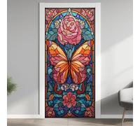 Vitrail Papillon Effet 3D Sticker Porte, Pivoine Orientale Papier Autocollant Porte Mural Décoration, Géométrie Floral Stickers Muraux Amovible PVC 95x215 cm