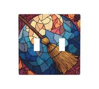 Vitrail rétro en forme de balai de magicien double gang à bascule plaque murale interrupteur décoratif taille standard - 11,4 x 11,4 cm