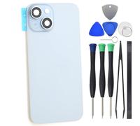 Vitre arrière bleue pour iPhone 15 avec support de coque arrière et lentille en verre d'appareil photo