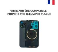 VITRE ARRIERE COMPATIBLE IPHONE 15 PRO BLEU AVEC PLAQUE ADHESIF