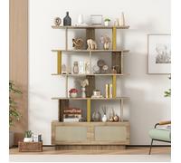 Vitrine 105x31,7x160 cm Bibliothèque avec portes en rotin et dispositifs de sécurité - étagères ouvertes, aspect bois
