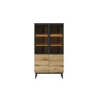 Vitrine 2 portes 10 étagères LEDs intégré Chêne et Noir 100 cm - CAMILLE