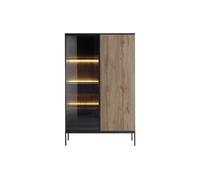 Vitrine 2 portes et 1 tiroir avec LEDs en MDF et verre fumé - Noir et Naturel - OVILA