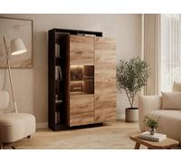 Vente-unique - Vitrine 2 Portes et 5 niches avec LEDs - Naturel Clair et Anthracite - IDESIA