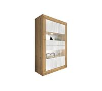 Vitrine 4 portes aspect bois finition Cadiz façades blanc texturées et verre avec Leds - OTELLO -