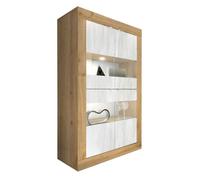 Vitrine 4 portes aspect bois finition Cadiz façades blanc texturées et verre avec Leds - OTELLO -