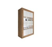 Vitrine 4 portes aspect bois finition Mercure façades blanc texturées et verre avec Leds - OTELLO -