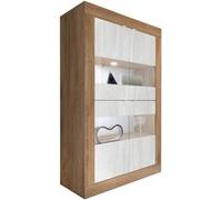 Vitrine 4 portes aspect bois finition Mercure façades blanc texturées et verre avec Leds - OTELLO
