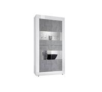 OTELLO - Vitrine 4 Portes Finition Blanc Laqué et Aspect Béton avec Leds -