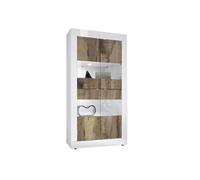 Vitrine 4 Portes Finition Blanc Laqué et Aspect Bois Antik avec Leds - OTELLO -