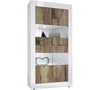 Vitrine 4 Portes Finition Blanc Laqué et Aspect Bois Antik avec Leds - OTELLO -
