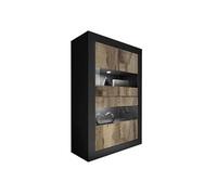 Vitrine 4 Portes Finition Noir Mat et Aspect Bois Antik avec Leds - OTELLO -