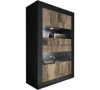 OTELLO - Vitrine 4 Portes Finition Noir Mat et Aspect Bois Antik avec Leds