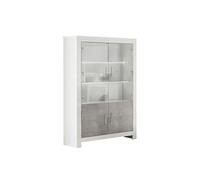 DENAE - Vitrine 4 Portes Laquée Blanc Brillant et Gris Marbré avec Leds -