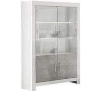 DENAE - Vitrine 4 Portes Laquée Blanc Brillant et Gris Marbré avec Leds -