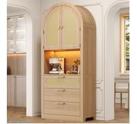 Vitrine 80 x 35 x 180 cm,avec éclairage LED réglable, 2 portes en rotin et 3 tiroirs, pour salon et salle à manger,couleur chêne