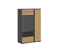 Vitrine à 2 portes et décor lamelles ,coloris Chêne/Noir - Longueur 95 x Profondeur 39,5 x Hauteur 146 cm