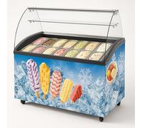 Vitrine à Crème Glacée Professionnelle 355L ou 445L - Design Publicitaire - Éclairage LED, Thermostat Réglable, Roues - Congélateur Coffre pour Vente Ambulante (355 litres)