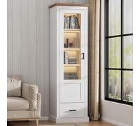 Vitrine à poser Merax avec éclairage LED, 5 étagères, télécommande USB, blanc mat avec décor bois naturel, 178x50x35 cm - design moderne