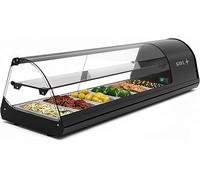 Vitrine à tapas WORLDMAI x SAYL, 144 x 40 cm, 2 niveaux et 6 bacs GN 1/3 pour CHR. Vitrine réfrigérée professionnelle de comptoir avec éclairage LED, pour bar et restaurant.