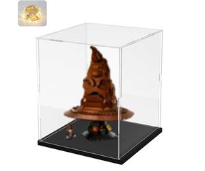 Vitrine Acrylique pour Collection pour Lego 76429 Talking Sorting Hat 43270 10338 31152 43238 21355, Boite Transparente Plexiglas Vitrines avec Base Bois-plastique & Lumière, Noir Intérieur 25x25x30cm