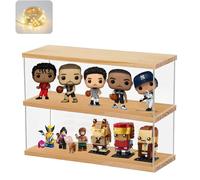 Vitrine Acrylique pour Funko Pop Figurine Collection 11.9cm pour Lego Minifigures BrickHeadz, Présentoir Vitrine Acrylique Verre Boîte Plexiglas Transparente 2 Niveaux avec Porte avec LED, Base Bois