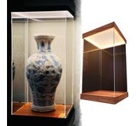 Vitrine Acrylique Vitrine Transparente de Grande Hauteur, Grands Bacs Rangement Plastique Lumière Chaude Base Bois, Boîte Rangement Bureau Personnalisable Anti-poussière(40x55xH60cm/16x22x24in)