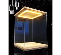 Vitrine Acrylique Vitrines de Magasin avec Éclairage LED et Porte, Boîte de Rangement Empilable pour Cosmétiques et Bijoux, Boîte de Rangement avec Couvercle et Socle en Bois pour Souvenirs(30x30x45cm