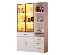 Vitrine-Argentier Blanc 120x35x200cm LED, Armoire Haute 13 Espaces 4 Tiroirs Portes, Meuble Rangement Salon Salle À Manger