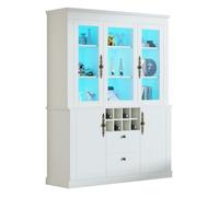Vitrine-Argentier Blanc 130x37,5x170,5cm, Verre LED, 2 Tiroirs+4 Portes, 8 Casiers À Vin, Meuble Salon Multifonctionnel Sur Pied