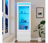 Vitrine Argentier Blanc 60x40x171cm, Armoire Haute Verre Brillance LED, 2 Tiroirs Portes Verre/Pliante Pieds Salon Rangement