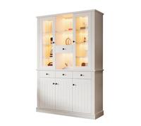 Vitrine-Argentier Blanche 119.5x40x180cm MDF Éclairage LED 4 Tiroirs 5 Portes 21 Étagères Meuble Sur Pied Salon